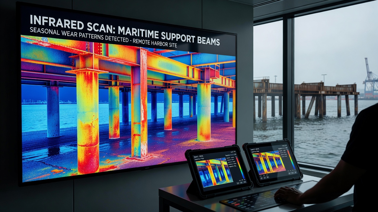 Detailed infrared imagery highlighting seasonal wear on support beams in a remote harbor setting