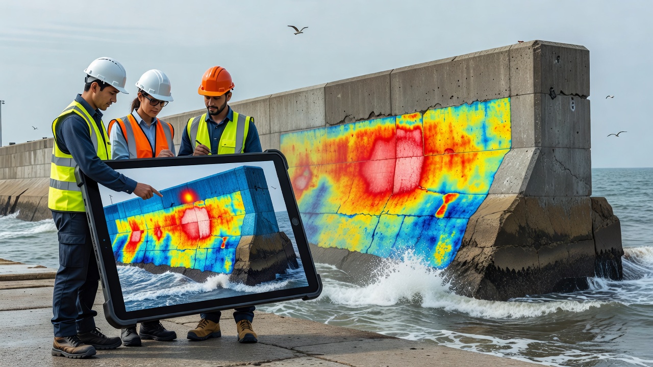 Drone thermal survey in progress over a seawall with overlaid stress point indicators